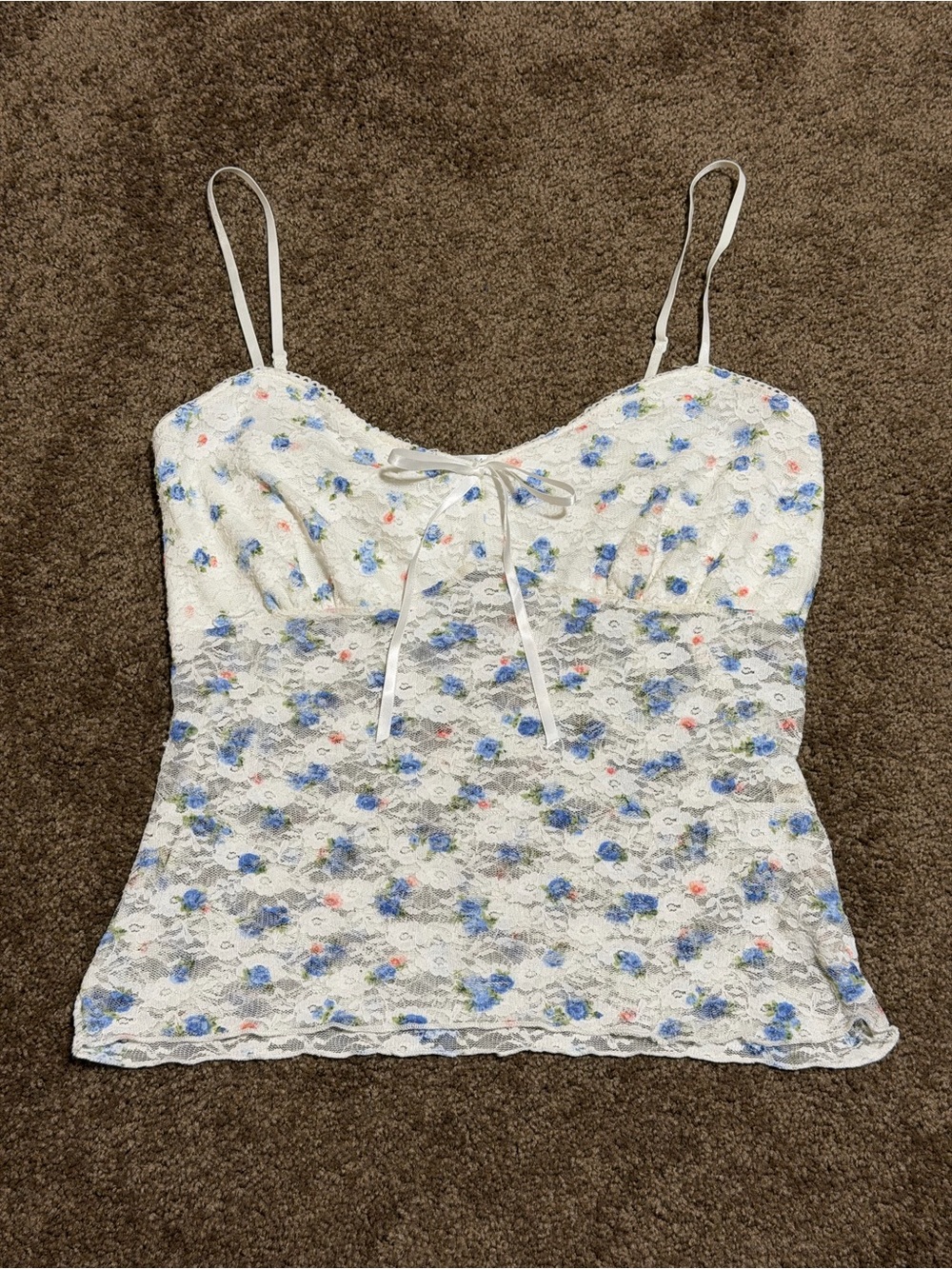 Electric Family White Lace Camisole with Blue and Pink Floral Accents
